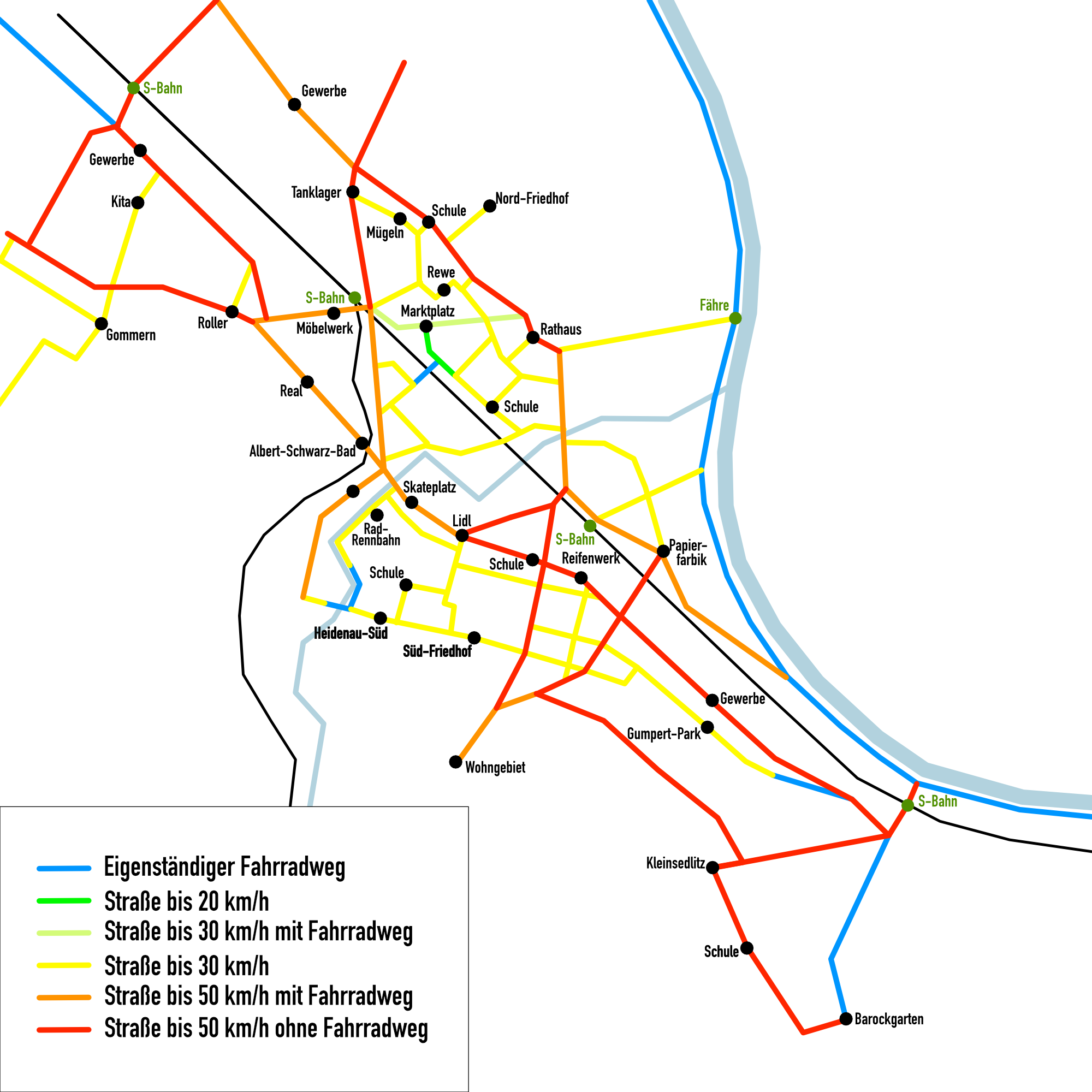 Das Endergebnis meines Projektes - ein Radnetzplan von Heidenau (leider ohne Routenvorschläge in Form von Linien)